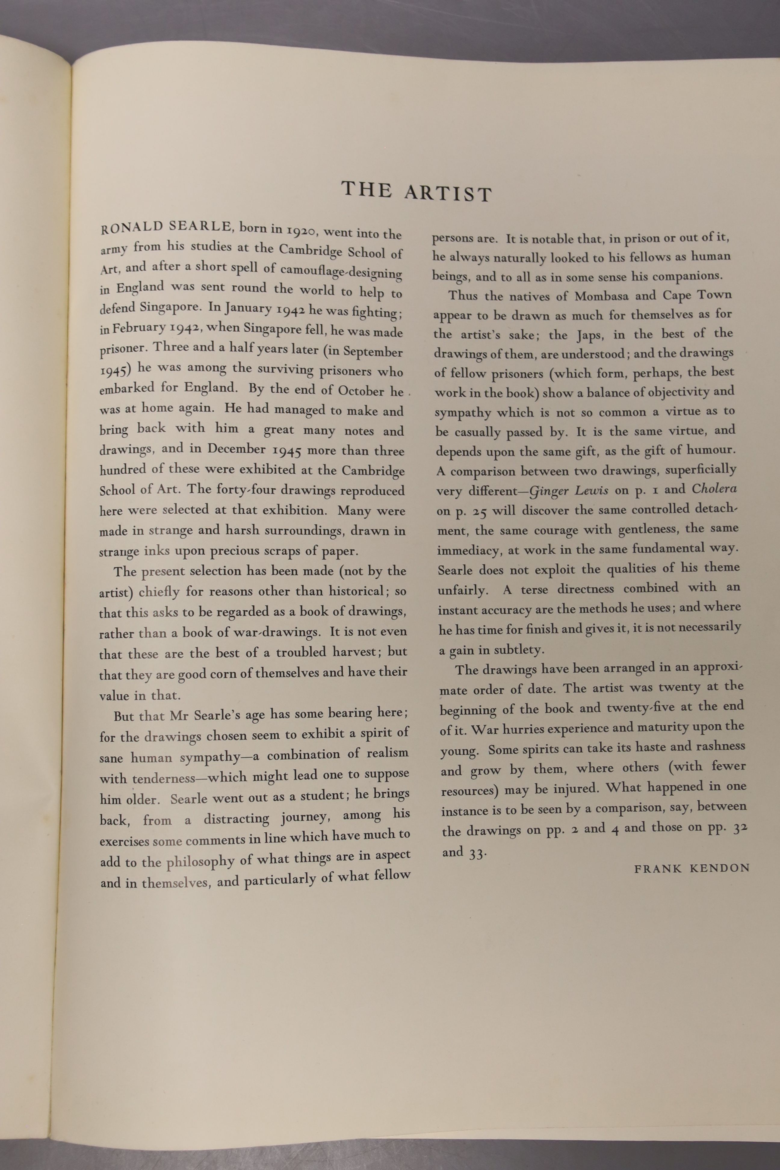 Rae, Simon & Searle, Roland, 'The Face of War', A signed limited edition numbered 103/294, Previous Parrot Press, Oxford 1999, together Searley, Ronald, 'Forty Drawings' Cambridge, University Press, 1946 and Cowper, Will